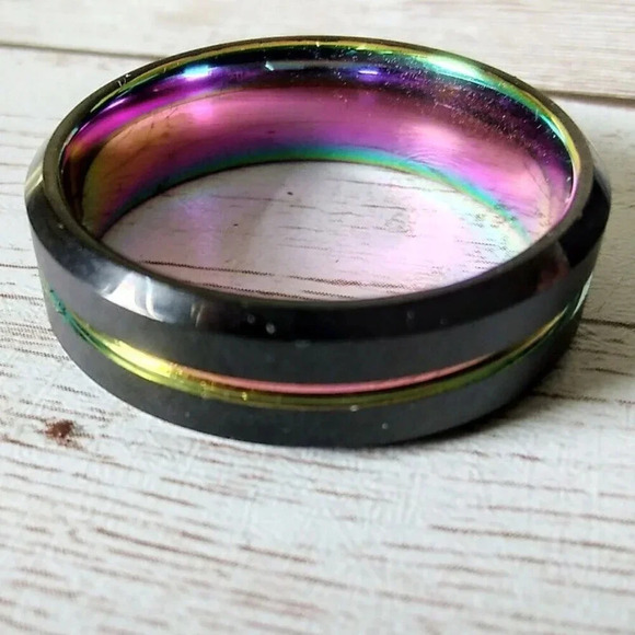 Size 15 Multicolor Black Grooved Tungsten Carbide Ring 8mm NIB - Picture 1 of 4